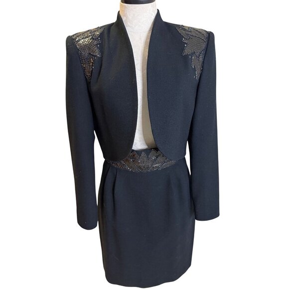 Nolan Miller Other - Nolan Miller Womens Bolero Jacket Skirt Set Size 6 Black Wool Snakeskin Beaded